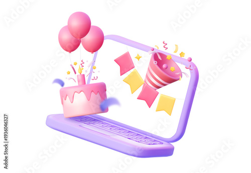 Online birthday celebration with laptop, cake, balloons and party popper. Virtual party, remote event and digital celebration vector illustration