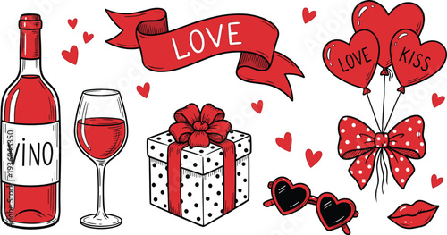 Valentine love illustration set with wine bottle glass gift hearts balloons ribbon sunglasses and kiss lips, romantic vector collection