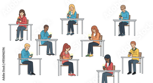Ten diverse young adults are individually seated at separate desks, each engrossed with a glowing smartphone in a minimalist white room.