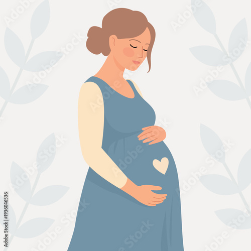 Hand Drawn Pregnant Woman Illustration with Leaf Background, Minimalist Motherhood Maternity Vector.