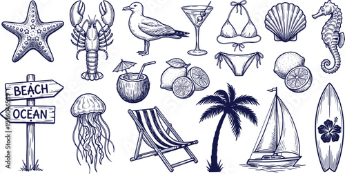 Vintage beach ocean illustration set, nautical summer elements with starfish lobster seagull sailboat palm surfboard shells engraving style