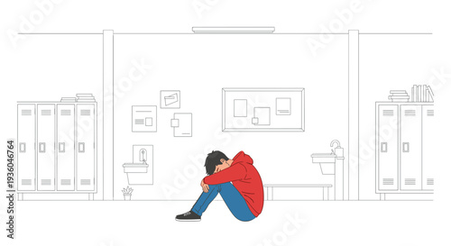 A young person in a red hoodie sits huddled on the floor in a minimalist, uncolored school hallway.