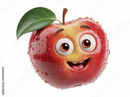 Smiling cartoon apple with water droplets and leaf