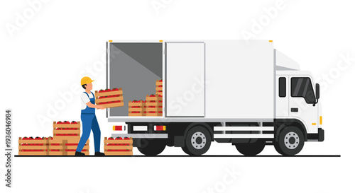 A worker in a yellow hard hat and blue overalls loads wooden crates filled with red produce into the open back of a white delivery truck on a clean white background.