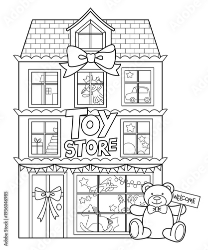 Toy Store Building Facade in Line Art Style.