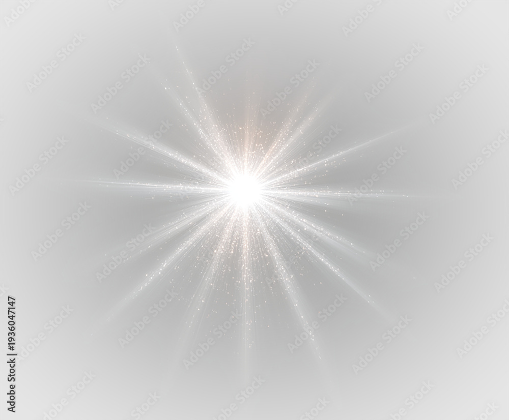Obraz premium Bright starburst light explosion with rays and glitter particles graphic element isolated on transparent background