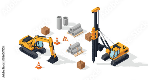 An isometric view displays a yellow excavator and a piling rig alongside stacks of concrete pipes, wooden crates, and orange traffic cones on a pristine white background.