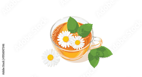 A clear glass teacup holds amber-colored liquid with two floating chamomile flowers and fresh mint leaves, accompanied by a single chamomile blossom on a white background.