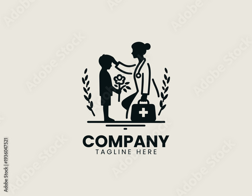 Caring doctor comforting child with flowers in clean modern healthcare vector illustration style