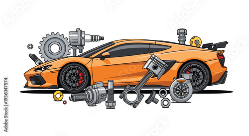 A detailed illustration showcases an orange sports car with various engine components, including a piston and turbocharger, arranged around it on a white background.
