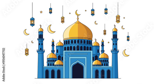 A grand blue mosque with a golden dome and multiple minarets is adorned with hanging lanterns, crescent moons, and stars on a white background.