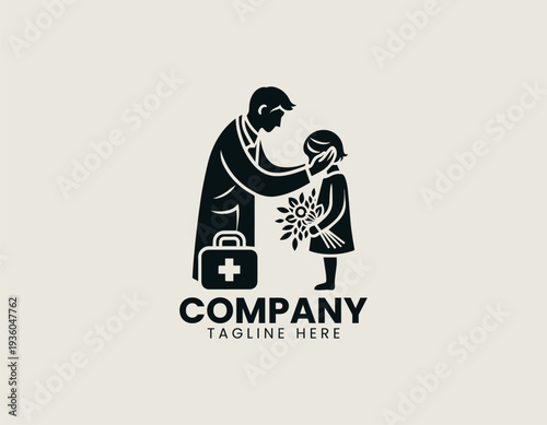Caring doctor comforting child with flowers in clean modern healthcare vector illustration style