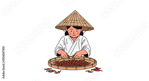 A person wearing a traditional conical straw hat meticulously sorts a large pile of red chili peppers on a round woven tray on a white background.