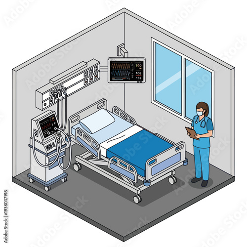 Nurse Standing Beside Hospital Bed with Medical Equipment.