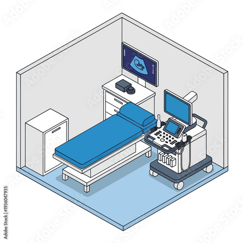 Medical Ultrasound Room with Equipment and Bed.
