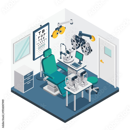 3D Optometrist Office with Eye Exam Equipment.