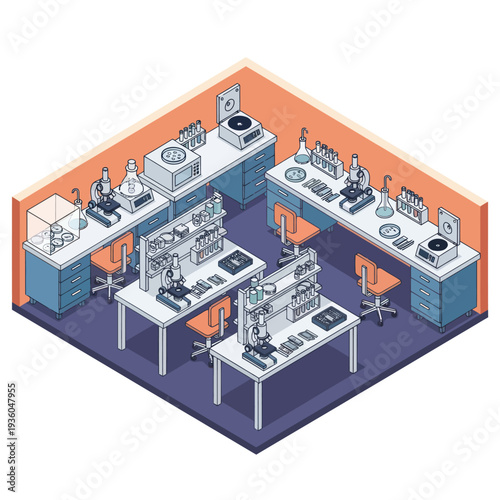 Laboratory Equipment and Workstations in Isometric View.