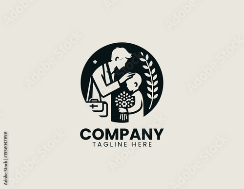 Caring doctor comforting child with flowers in clean modern healthcare vector illustration style