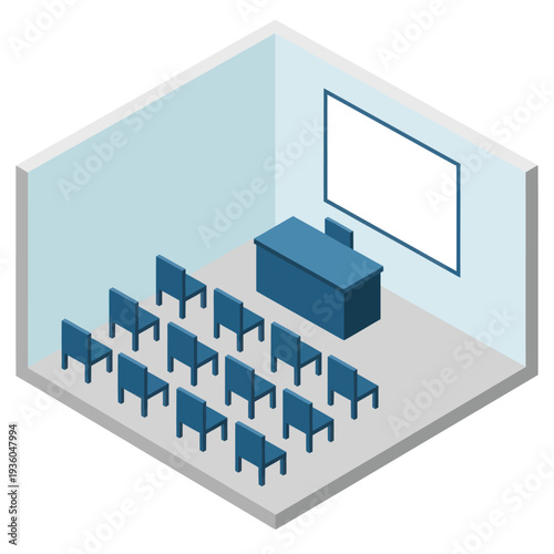 Classroom Scene with Chairs and Desk.