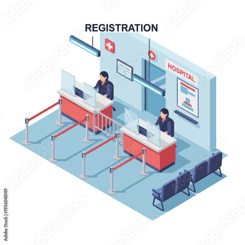 Hospital Registration Desk with Receptionists and Queue.