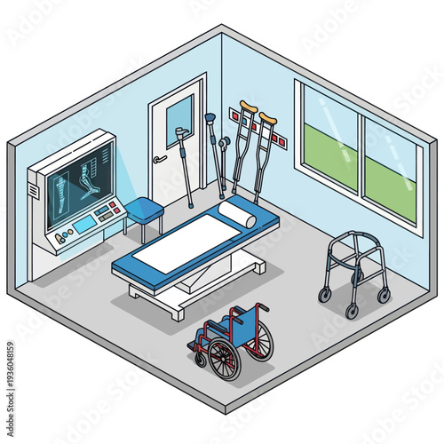 Rehabilitation Room with Medical Equipment and Wheelchair.