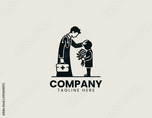 Caring doctor comforting child with flowers in clean modern healthcare vector illustration style