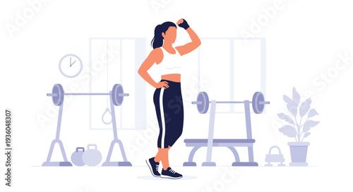 A fit woman in athletic wear stands confidently, flexing her arm in a gym setting with various exercise equipment in the background.