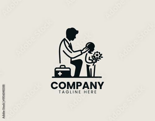 Caring doctor comforting child with flowers in clean modern healthcare vector illustration style