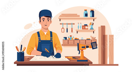 A smiling male carpenter in a blue cap and overalls sits at a wooden desk, drawing on a blueprint in his workshop.