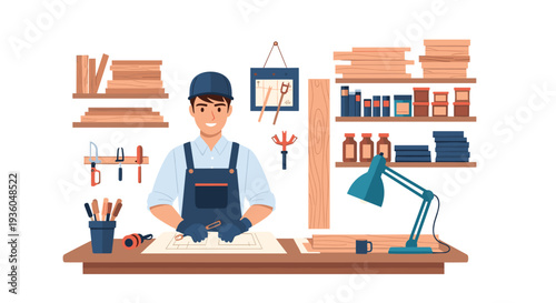 A smiling male carpenter in a blue cap and overalls sits at a wooden desk, working on a blueprint in his organized workshop.