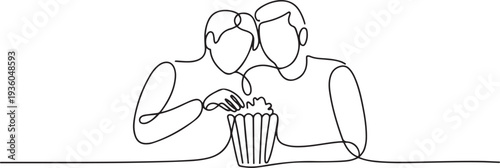 Continuous one line drawing of couple watching movie and eating popcorn at cinema, couple spending time together concept, one line art icon drawing vector