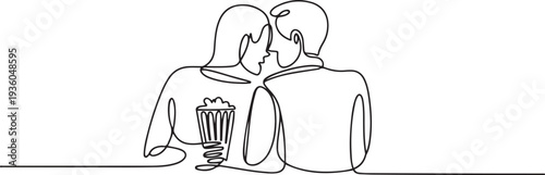 Continuous one line drawing of couple watching movie and eating popcorn at cinema, couple spending time together concept, one line art icon drawing vector