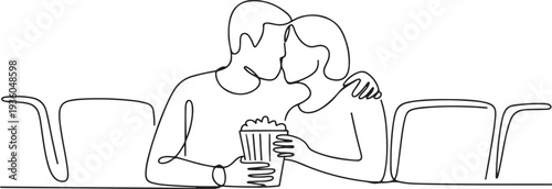 Continuous one line drawing of couple watching movie and eating popcorn at cinema, couple spending time together concept, one line art icon drawing vector