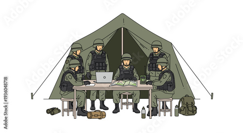 Six soldiers in green uniforms and helmets are gathered inside an olive-green military tent, with one using a laptop and another studying a map at a table.
