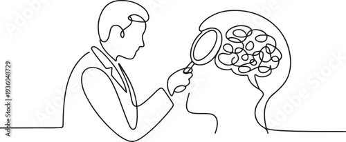 Continuous one line drawing of psychiatrist looks at tangled line in brain with magnifying glass, psychiatric diagnosis, one line art icon drawing vector