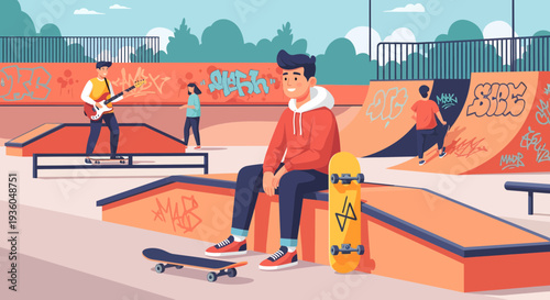 Young man with skateboard in skatepark.
