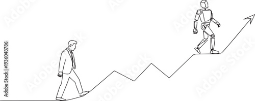 Continuous one line drawing of businessman walking down falling graph while robot walking up rising graph, one line art icon drawing vector