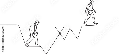 Continuous one line drawing of businessman walking down falling graph while robot walking up rising graph, one line art icon drawing vector