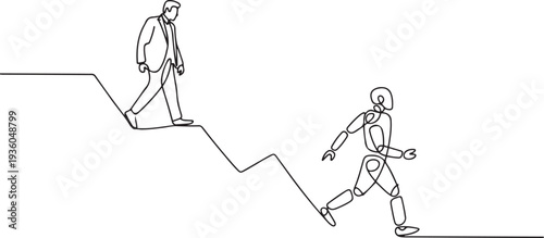 Continuous one line drawing of businessman walking down falling graph while robot walking up rising graph, one line art icon drawing vector