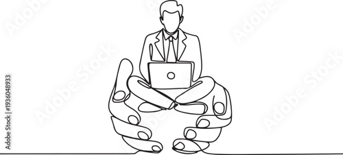 Continuous one line drawing of businessman sitting with legs spread on clock hands and working with laptop, one line art icon drawing vector