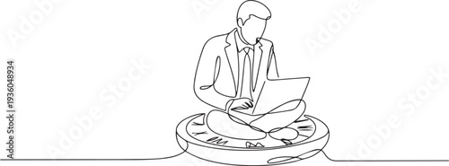 Continuous one line drawing of businessman sitting with legs spread on clock hands and working with laptop, one line art icon drawing vector