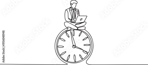 Continuous one line drawing of businessman sitting with legs spread on clock hands and working with laptop, one line art icon drawing vector
