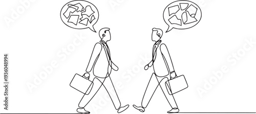 Continuous one line drawing of two businessmen with broken speech bubbles walking in opposite directions, one line art icon drawing vector