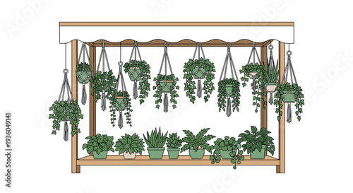 A wooden display rack with a white canopy holds a diverse collection of green potted plants, both hanging in macrame holders and arranged on multiple shelves.