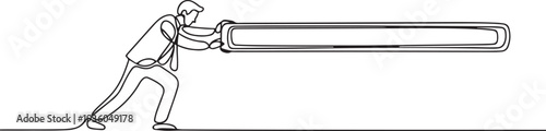 Continuous one line drawing of businessman pushing project progress bar forward, work progress, one line art icon drawing vector