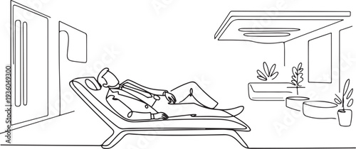 Continuous one line drawing of busineesman sleeping in office nap room for a moment, modern office, company facilitation concept, one line art icon drawing vector