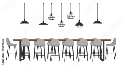 A minimalist illustration showcases a long wooden bar table with twelve grey bar stools and eight black pendant lights against a clean white backdrop.