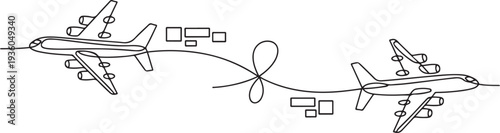 Continuous one line drawing of two planes flying with parcels in opposite directions, importing and exporting goods, air cargo concept, one line art icon drawing vector
