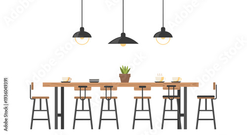A minimalist illustration features a long wooden bar table with six wooden bar stools, three black pendant lights, and coffee items on a white background.