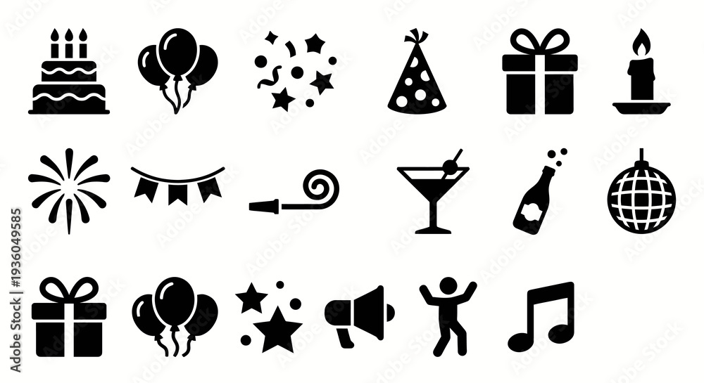 Obraz premium Solid black icons for party and celebration essentials. Birthday cake, balloons, and gift collection. Vector illustration for events, holidays, and festive anniversary concepts. Black and white.